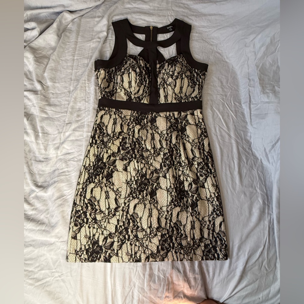 XOXO Black Lace Overlay on Cream Mini Dress